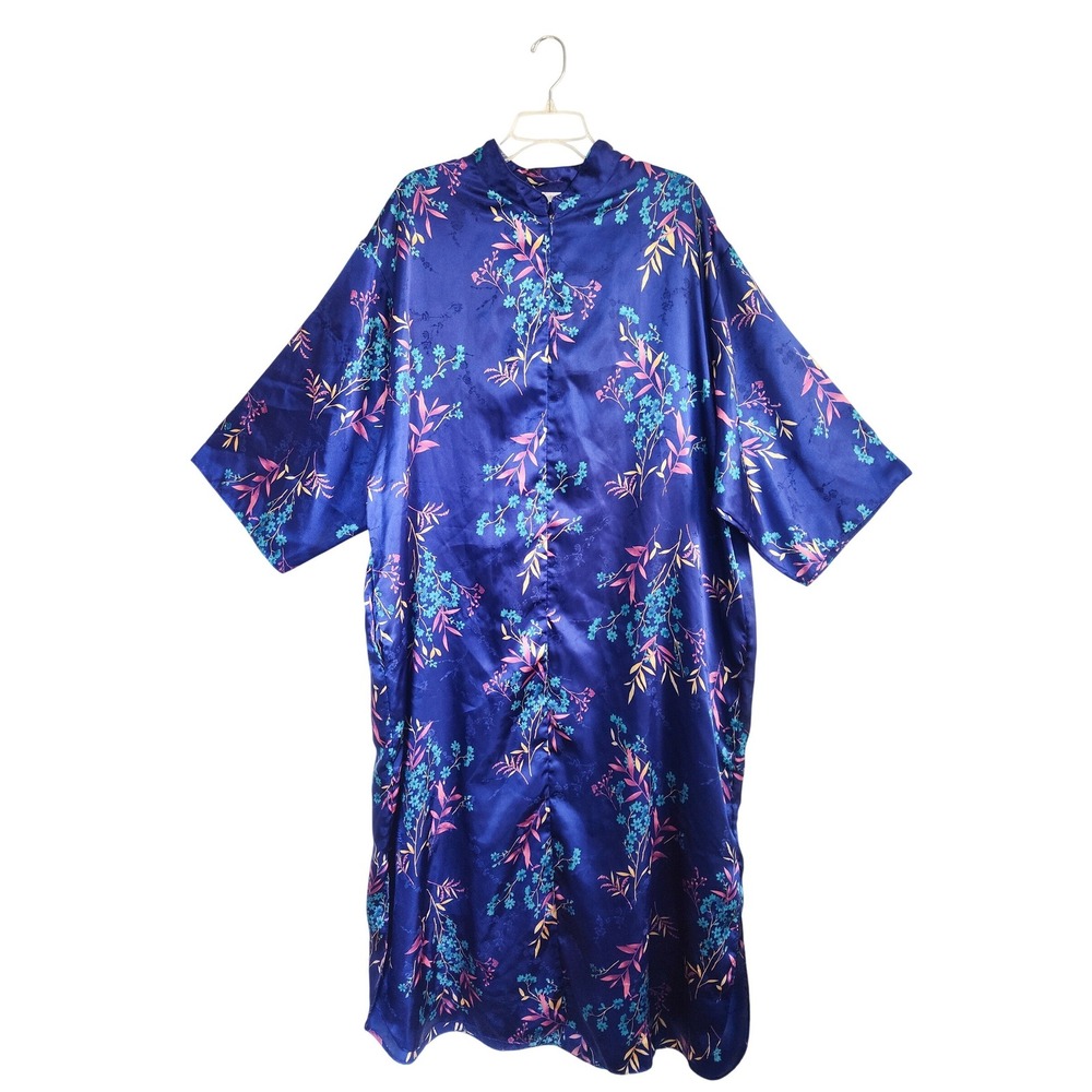 Vintage Valerie Stevens II Robe Kaftan OS Floral Satin Zip Front Mandarin Collar